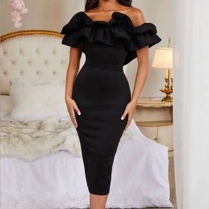Black Bardot Frill Midi Dress. Size: US 2